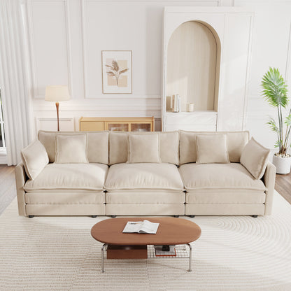 Mid-Century Modern Couch 3-Seater Sofa with 2 Armrest Pillows and 3 Toss Pillows, Couch for Living Room Light Coffee Chenille