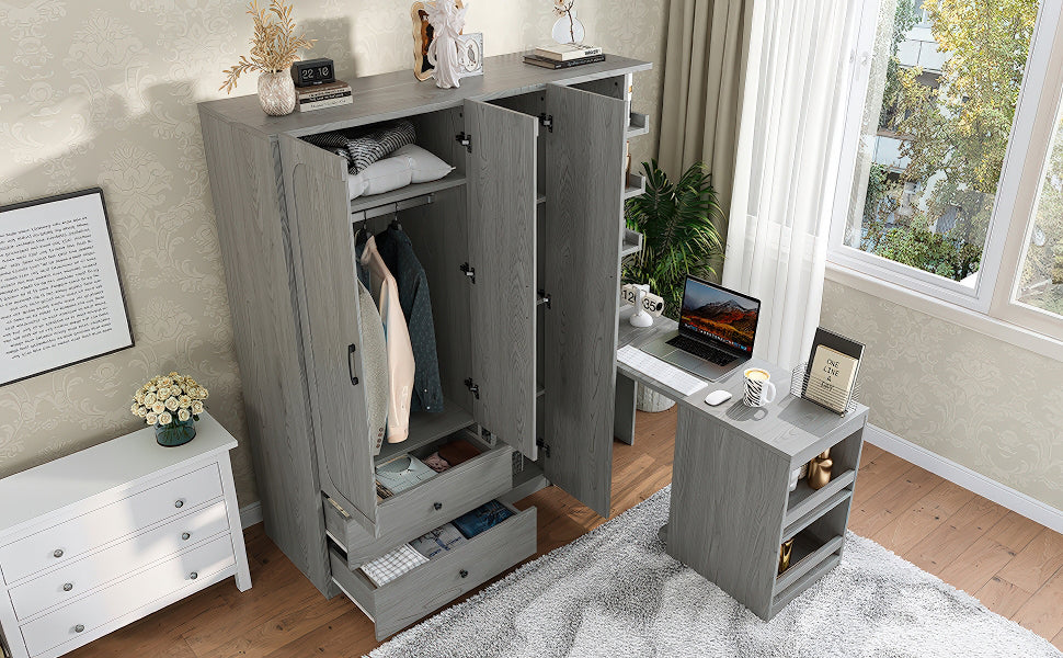 Multifunctional Wardrobe with 2 Doors and Hanging Rod, Wooden clothes closet with Convertible Desk and Storage Drawers – Model W1580S00476