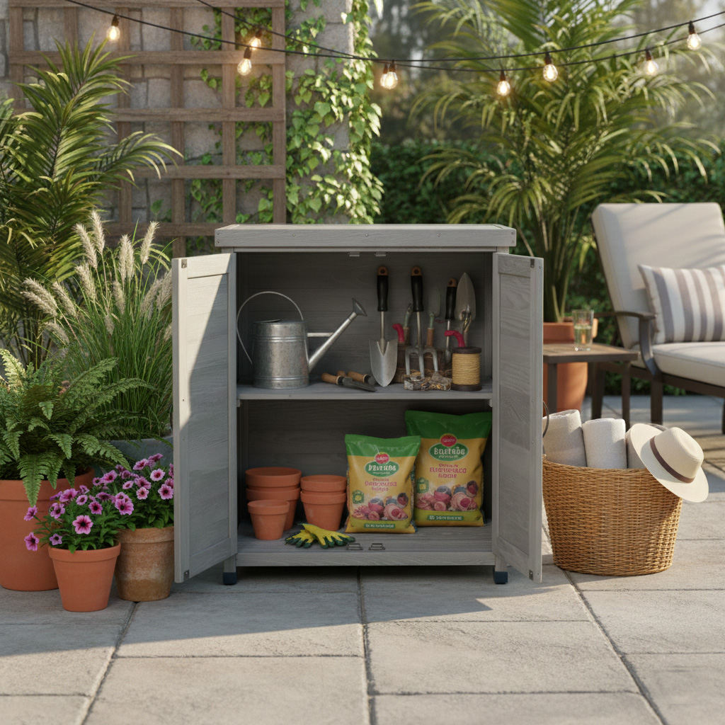 Potting Bench with Storage Cabinet and Metal Table Top for Outdoor Patio, Outdoor Work Station Table – Gray
