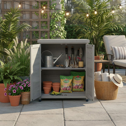 Potting Bench with Storage Cabinet and Metal Table Top for Outdoor Patio, Outdoor Work Station Table – Gray