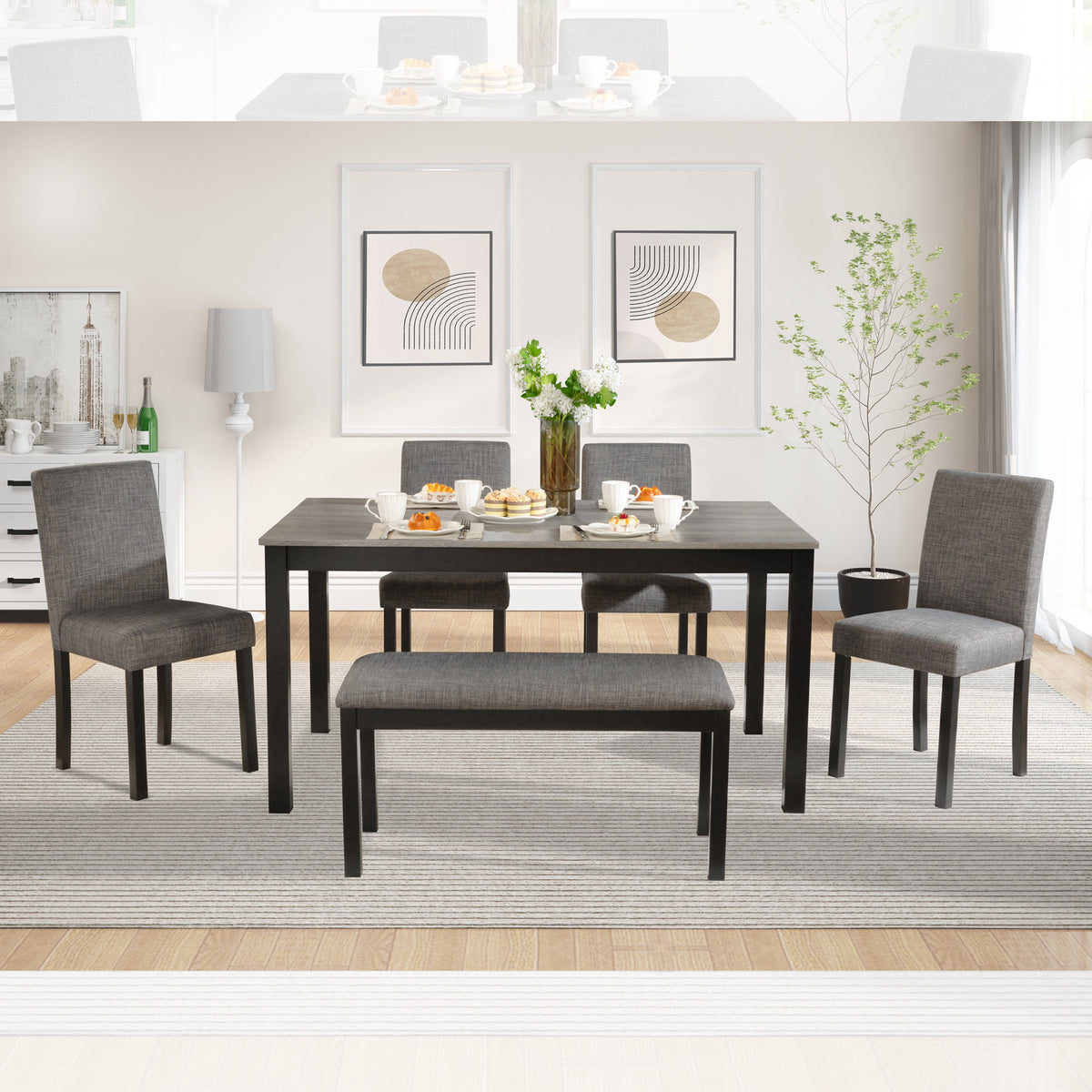 Modern 6-Piece Dining Table Set with Bench and Chairs for Dining Room or Kitchen - Light Grey & Black Two-Tone