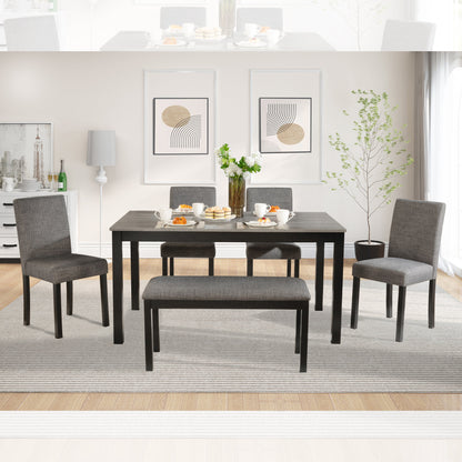 Modern 6-Piece Dining Table Set with Bench and Chairs for Dining Room or Kitchen - Light Grey & Black Two-Tone