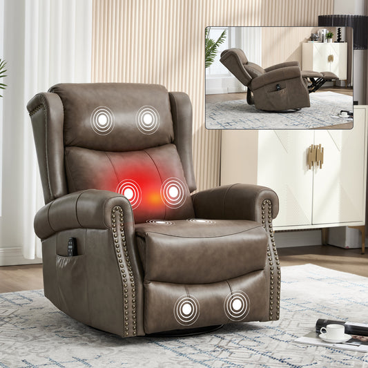 Heat Massage Manual Recliner Chair with Rocker and Swivel in Genuine leather
