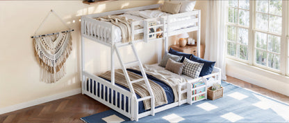 Twin Over Full Floor Bunk Bed with Ladder and Bookshelf, Space-Saving, Noise-Free, No Box Spring Needed,White
