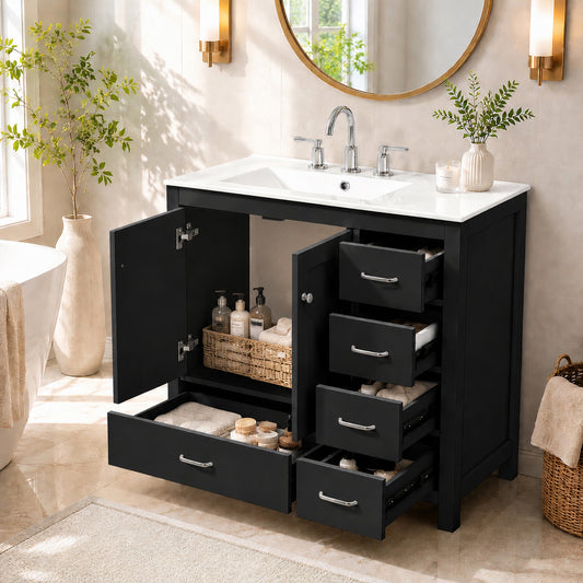 36" Black Bathroom Vanity with Ceramic Sink Combo, Abundant Storage Cabinet -2 Soft-close doors and 5 drawers(old SKU:N729P183735B)