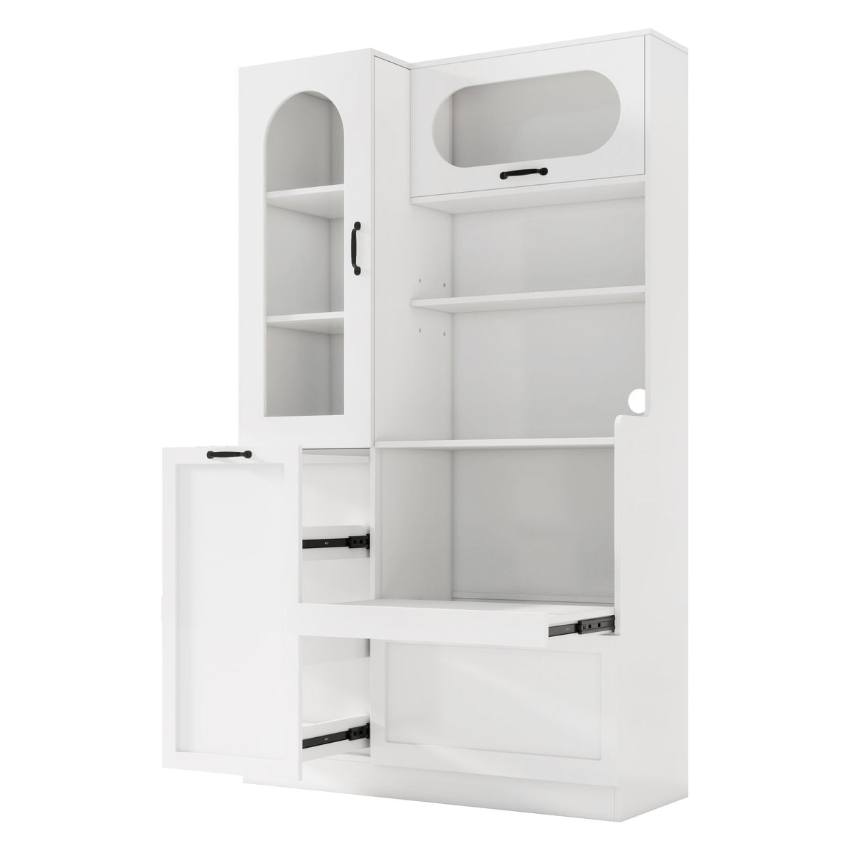 TREXM Tall Freestanding Kitchen Pantry Cabinet with Arched Glass Door, Flip-Up Cabinet Door, Pull-Out Shelves & Drawer, Adjustable Shelves, Storage Cupboard for Kitchen Dining Room (White)