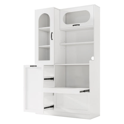 TREXM Tall Freestanding Kitchen Pantry Cabinet with Arched Glass Door, Flip-Up Cabinet Door, Pull-Out Shelves & Drawer, Adjustable Shelves, Storage Cupboard for Kitchen Dining Room (White)