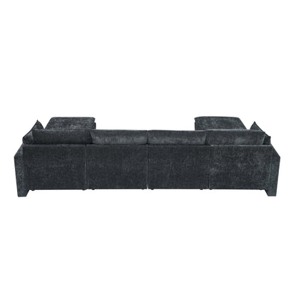 132' Cloud Modular Sectional Sofa, Deep Seat U Shaped Couch with Ottoman, Chenille Upholstered Sofa with Chaise, Plush Cushions, 6 Seat Modern Comfy Couch for Living Room & Apartment, Black