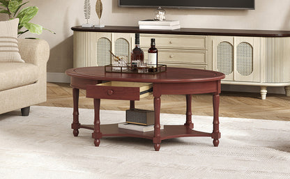 Vintage Oval Coffee Table with Drawer and Storage Shelf, Antique Cocktail Table in 45", French Country Accent Table for Living Room, Cherry (old sku: N735P277388)