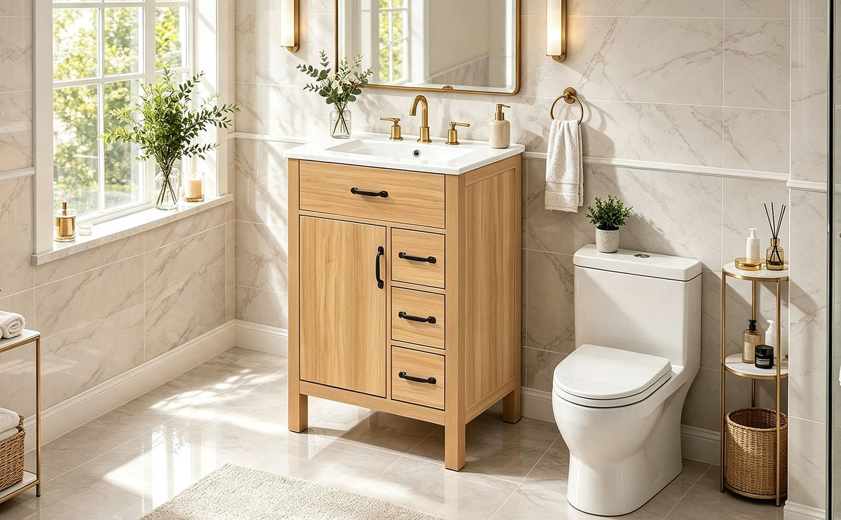 24 Inch Modern Traditional Bathroom Vanity with Ceramic Sink, MDF Cabinet & Solid Wood Legs, Black Zinc Alloy Handles, Wood Grain Melamine Finish