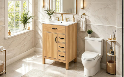 24 Inch Modern Traditional Bathroom Vanity with Ceramic Sink, MDF Cabinet & Solid Wood Legs, Black Zinc Alloy Handles, Wood Grain Melamine Finish