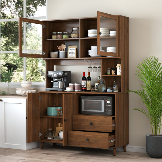 Modern Kitchen Buffet Hutch Cabinet with Glass Doors, Large Pantry Storage Cupboard with Microwave Stand and Drawers, Sideboard for Dining Room