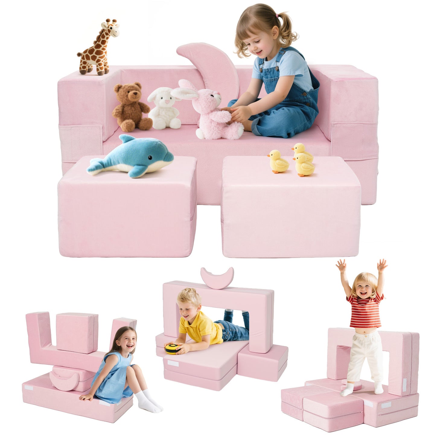 5-Piece Modular Kids Play Couch, Foldable Toddler Foam Sofa, Velvet Convertible Play Chair Floor Cushion, Soft Plush Foam Furniture for Boys Girls Playroom Bedroom