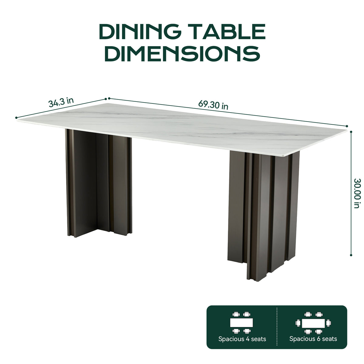 Modern Rectangular Dining Table, Tempered Glass with Marble Texture Top, Matte Gray Brushed Metal Legs, 4-6 Person Capacity, White Marble Finish, 69.30 Inch