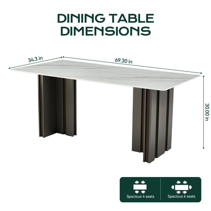 Modern Rectangular Dining Table, Tempered Glass with Marble Texture Top, Matte Gray Brushed Metal Legs, 4-6 Person Capacity, White Marble Finish, 69.30 Inch