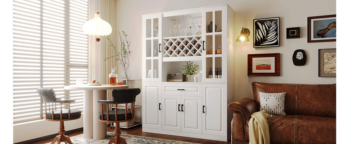 U_Style 74.1" Tall Wine Cabinet with Wine Rack & Glass Holder, 4-Door Storage Cabinet with Drawer & Open Shelves, Multifunctional Kitchen & Bar Cabinet with Door Storage for Kitchen, Dining Room
