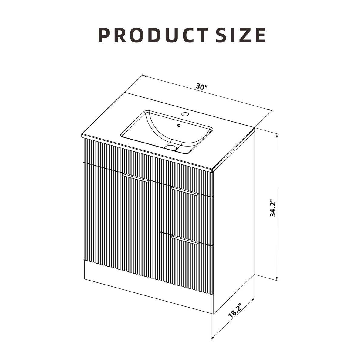 Goodyo 30" Mid-Century Modern Bathroom Vanity with White Ceramic Sink Combo Set, Freestanding Fluted MDF Cabinet with 1 Door and 2 Drawers, Gold Finish Handles, Natural Walnut Pattern