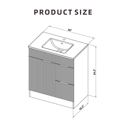 Goodyo 30" Mid-Century Modern Bathroom Vanity with White Ceramic Sink Combo Set, Freestanding Fluted MDF Cabinet with 1 Door and 2 Drawers, Gold Finish Handles, Natural Walnut Pattern