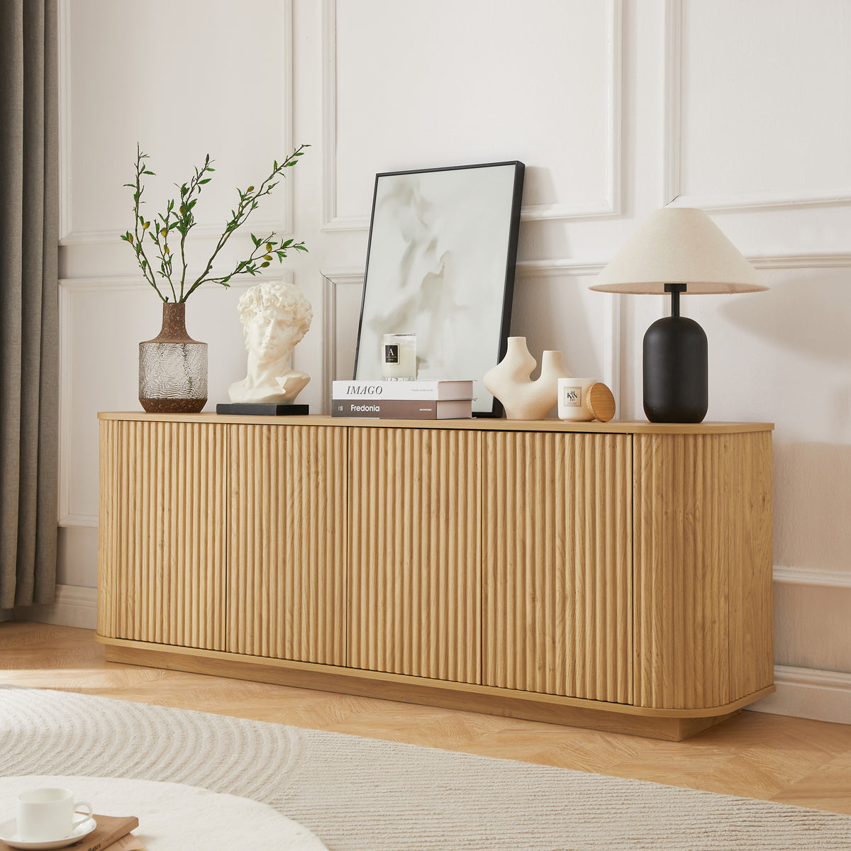 Sideboard Storage Cabinet TV Stand with wave pattern Buffet Cabinet Wooden Vertical Striped Cabinet for Kitchen/Bedroom/Entryway. Natural, 64''W x 15''D x 24''H.