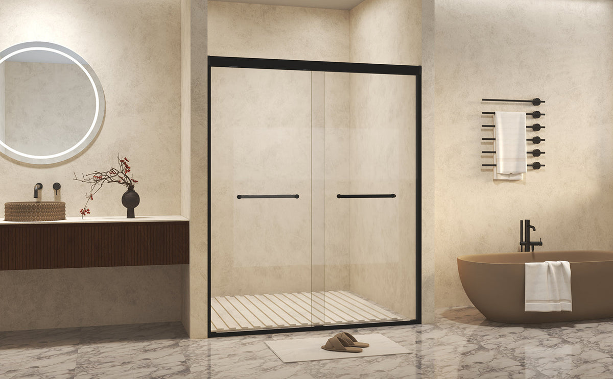 Modern Matte Black Aluminum Frame Double Sliding Shower Door, 50-54' W × 72' H, 6mm Tempered Glass with Explosion Proof Film, Stainless Steel Handle