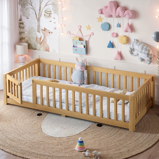 Twin Size Bed Floor Bed with Safety Guardrails and Door for Kids, Natural