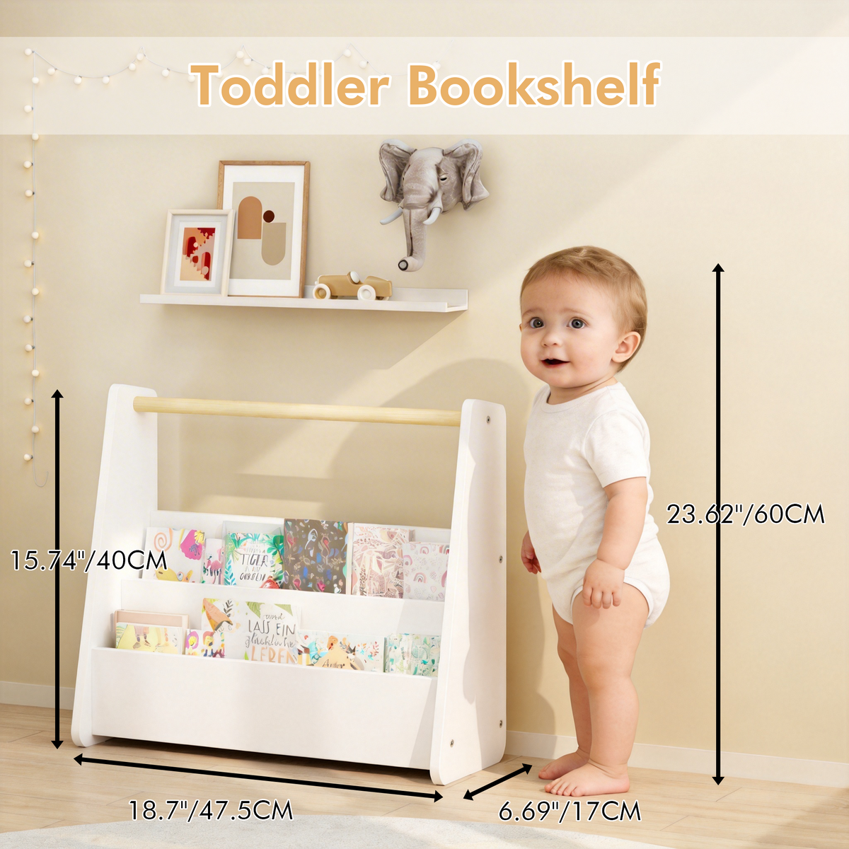 Kids Bookshelf with Wooden Handle, 2-Tier Front-Facing Toddler Bookcase, Portable Children's Book Storage Organizer, or Classroom, White