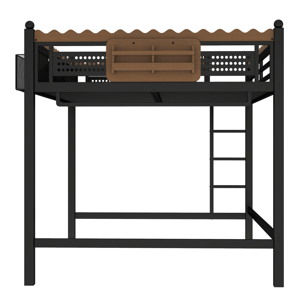 Queen Size Loft Bed with Ladders, Metal Loft Bed with Storage Shelves and bookshelf, No Box Spring Needed and Chic Design, Black
