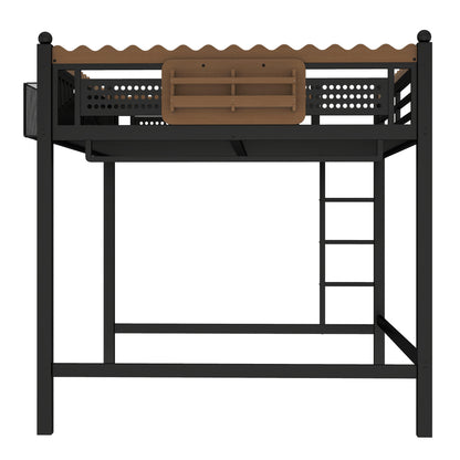 Queen Size Loft Bed with Ladders, Metal Loft Bed with Storage Shelves and bookshelf, No Box Spring Needed and Chic Design, Black