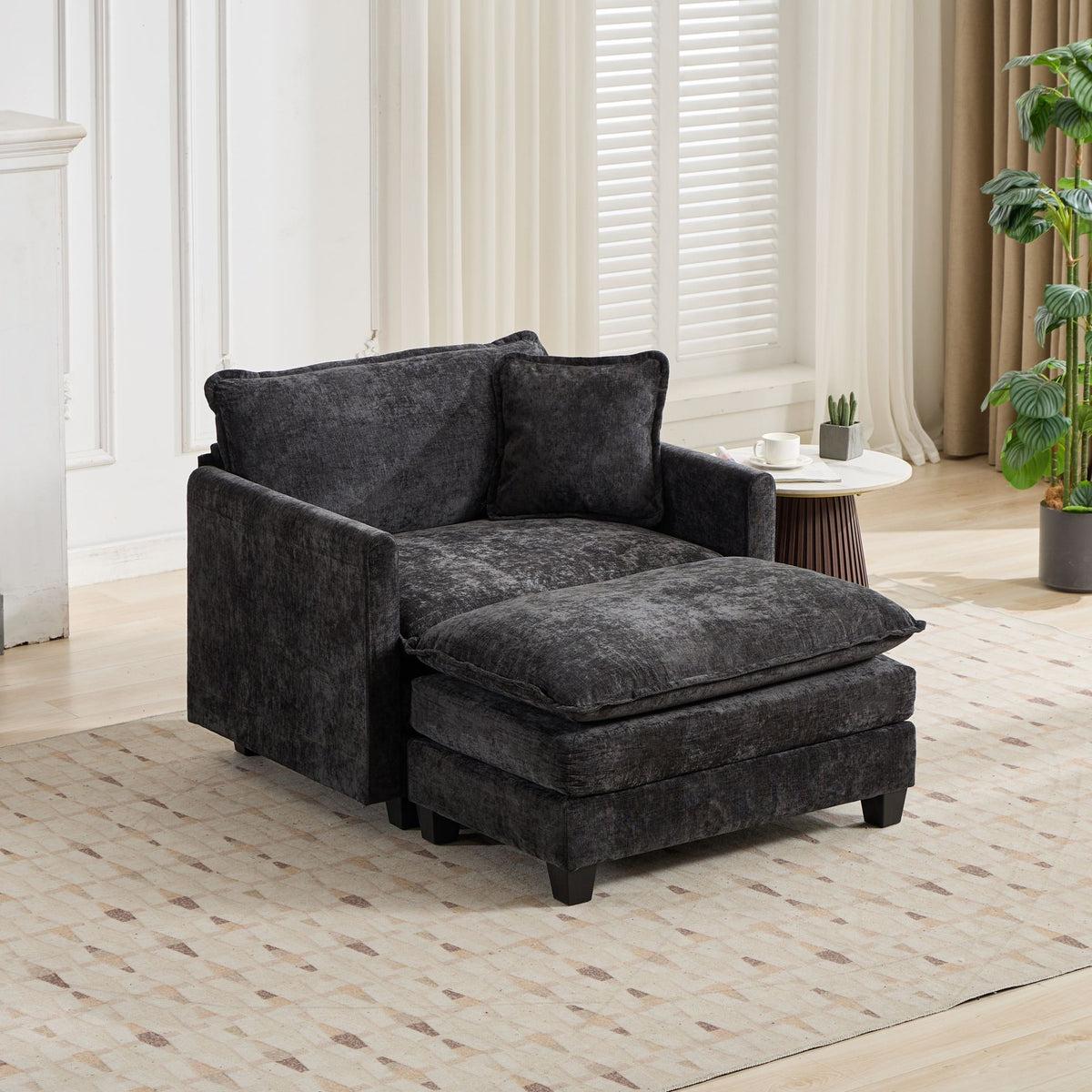 Cloud Sofa Ottoman only, Modern Sectional Couch, Comfy Double Layer Upholstered Seat Cushion, Breathable Chenille Fabric, Black
