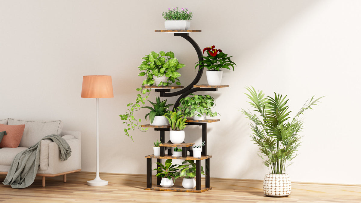 8-Tier Indoor Plant Stand with 5 Grow Lights, Rustic Brown MDF+Metal, 10-Level Dimming, 62-Inch Tall for Living Room or Garden