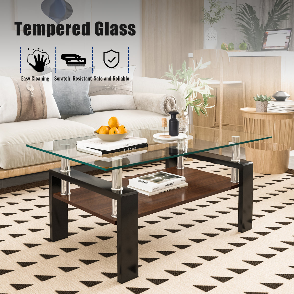 Rectangle Coffee Table, Tempered Glass Tabletop with MDF Layer, Modern Table, Transparent Glass