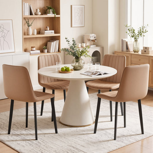 Brown PU Leather Dining Chair with Metal Legs, Wave Pattern Upholstered Armless Chair Set of 4 for Kitchen, Restaurant, Living, Meeting Room