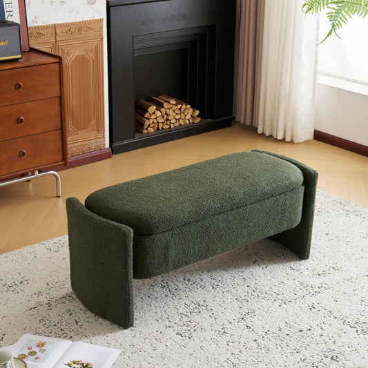 Elegant Long-shaped Storage Ottoman Bench, Boucle Material, Dark Green, Simple and Grand Design