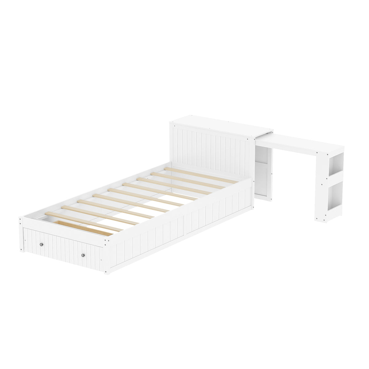 Twin Modern Platform Bed with Integrated Desk and Storage, Wood Bed Frame with wide Headboard, Footboard Drawers & Side Shelves, Multifunctional Space Saving Bedroom Furniture for Teen and Kids, White