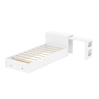 Twin Modern Platform Bed with Integrated Desk and Storage, Wood Bed Frame with wide Headboard, Footboard Drawers & Side Shelves, Multifunctional Space Saving Bedroom Furniture for Teen and Kids, White