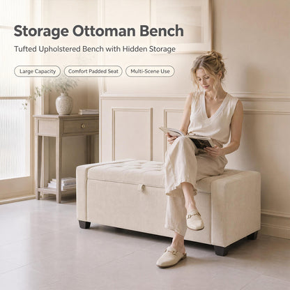 Storage Bench, End of Bed Storage Benches, Chenille Fabric Upholstered Ottoman Bench with Safety Hinge for Living Room Entryway Bedroom Hallway.Beige