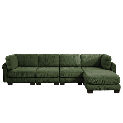 4 Seat Ruched Detailing Chenille Modular Sectional Sofa,Movable Ottoman,High-Density Foam,L Shape Thickened  Back Cushions,Easy Assembly,For Living Room,Bedroom,Green