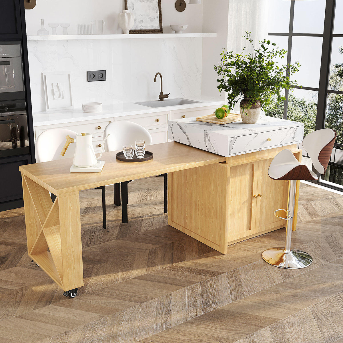 U_STYLE Modern Imitation Marble Counter Height Dining Table for 4, Farmhouse Bar Table with Adjustable Shelf, for Kitchen & Home Bar (Chairs Not Included)
