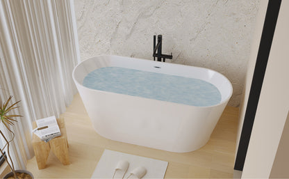 59" Acrylic Freestanding Bathtub, Stand Alone Soaking Tub, Glossy White Acrylic, Toe-tap Chrome Drain, cUPC Certified