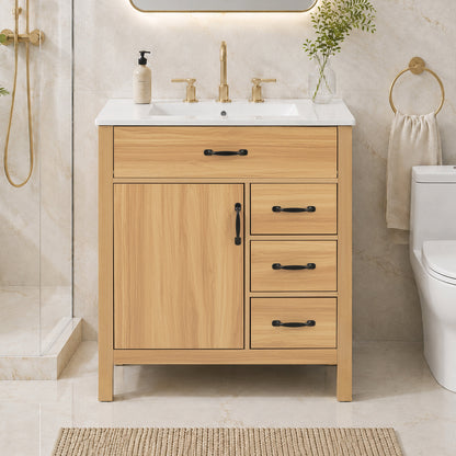 Modern 30 Inch Bathroom Vanity with Ceramic Sink, MDF Cabinet & Solid Wood Legs, Soft Close Drawers, Black Zinc Alloy Handles, Wood Finish