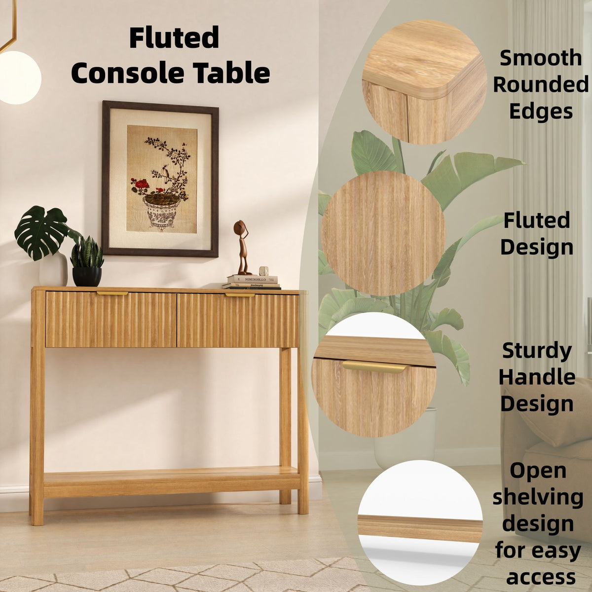 Mid-Century Modern Fluted Console Table with 2 Drawers & Open Shelf, Oak Finish Narrow Entryway Table, Slim Sofa Table for Hallway, Living Room, Small Spaces, Easy Assembly