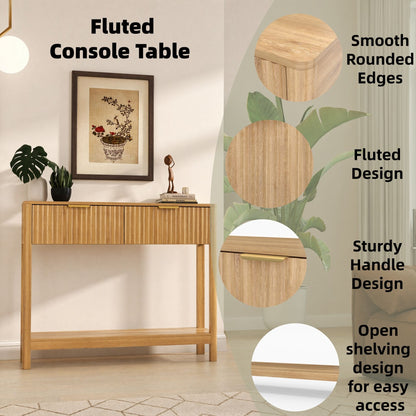 Mid-Century Modern Fluted Console Table with 2 Drawers & Open Shelf, Oak Finish Narrow Entryway Table, Slim Sofa Table for Hallway, Living Room, Small Spaces, Easy Assembly