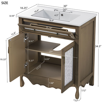 30' Antique Pattern Bathroom Vanity with Rectangle Ceramic Sink, Bathroom Vanity Cabinet with Tip-Out Tray / Flip-Out Drawer, Equipped with Antique Handles and Rubber Wood legs, Vintage Light Brown