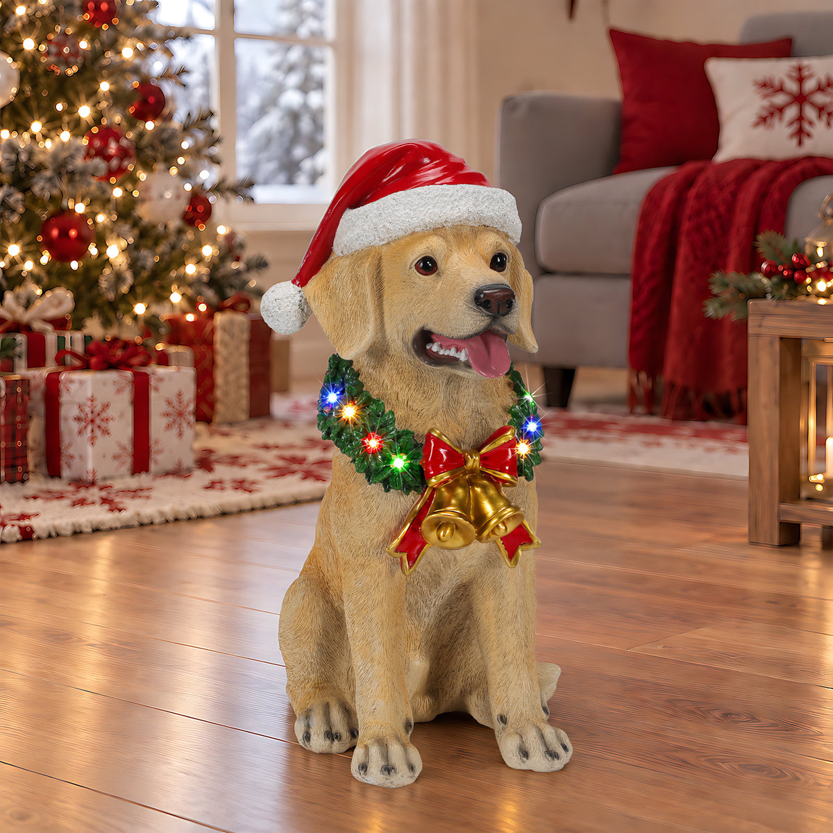 Lighted Christmas Labrador Retriever Dog Statue, Santa Hat Puppy Figurine with LED Wreath and Bells