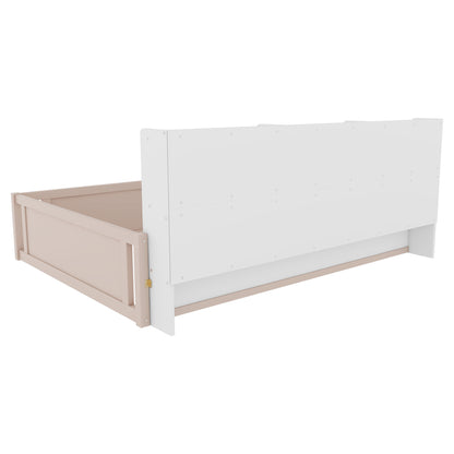 Full Size Wooden Platform Floor Bed with Guardrail Fence and Convenient Side Storage Shelves, Space-Saving Kids Bed Frame,Nude and White