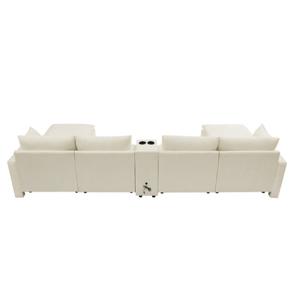 143.8'' U-shaped Modular Sectional Sofa with Center Console, Cup Holder, USB Charger,Movable Ottoman,Modern Comfy 4-6 Seater Chenille Cloud Couch for Spacious Living Room, Beige