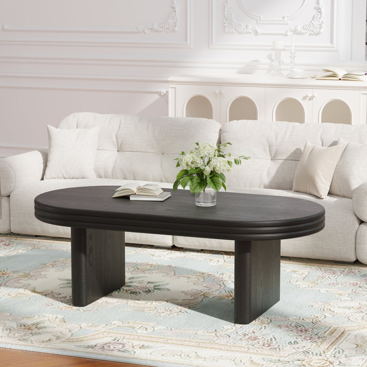 Mid Century Modern Oval Fluted Coffee Table, Farmhouse Wood Coffee Table, Cocktail Table, Center Table, Home Decor(Black