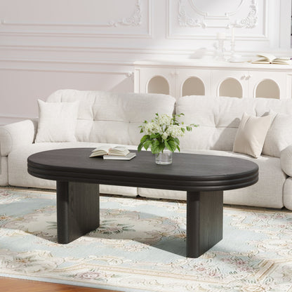 Mid Century Modern Oval Fluted Coffee Table, Farmhouse Wood Coffee Table, Cocktail Table, Center Table, Home Decor(Black