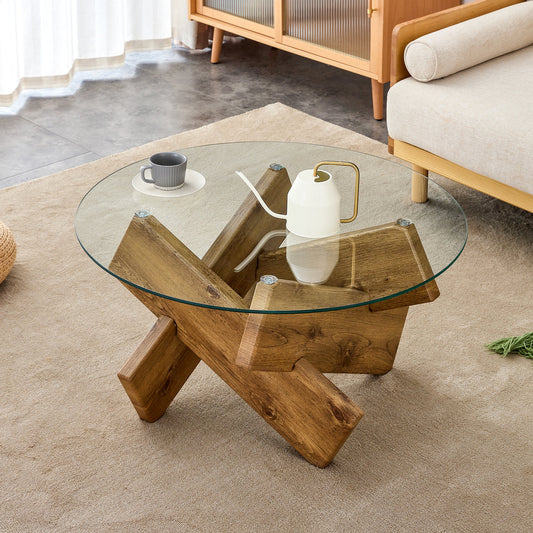 Circular glass coffee table, 33.4-inch modern and distinctive design tea table. Tempered glass countertop