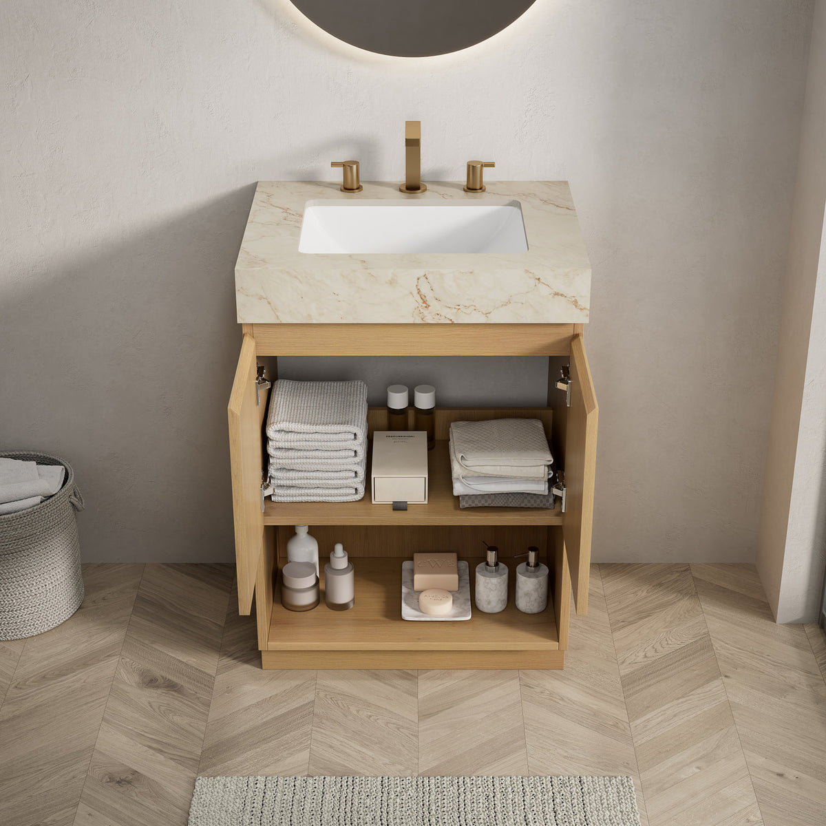 FINO 24" Bathroom Vanity&Sink,Freestanding Cabinet,Cream Gold Vein Sintered Stone Top&Ceramic Basin with 3 Pre-drilled Faucet Holes, Disassembled, Faucet & Drain Excluded, Corolla Oak Woodgrain Color